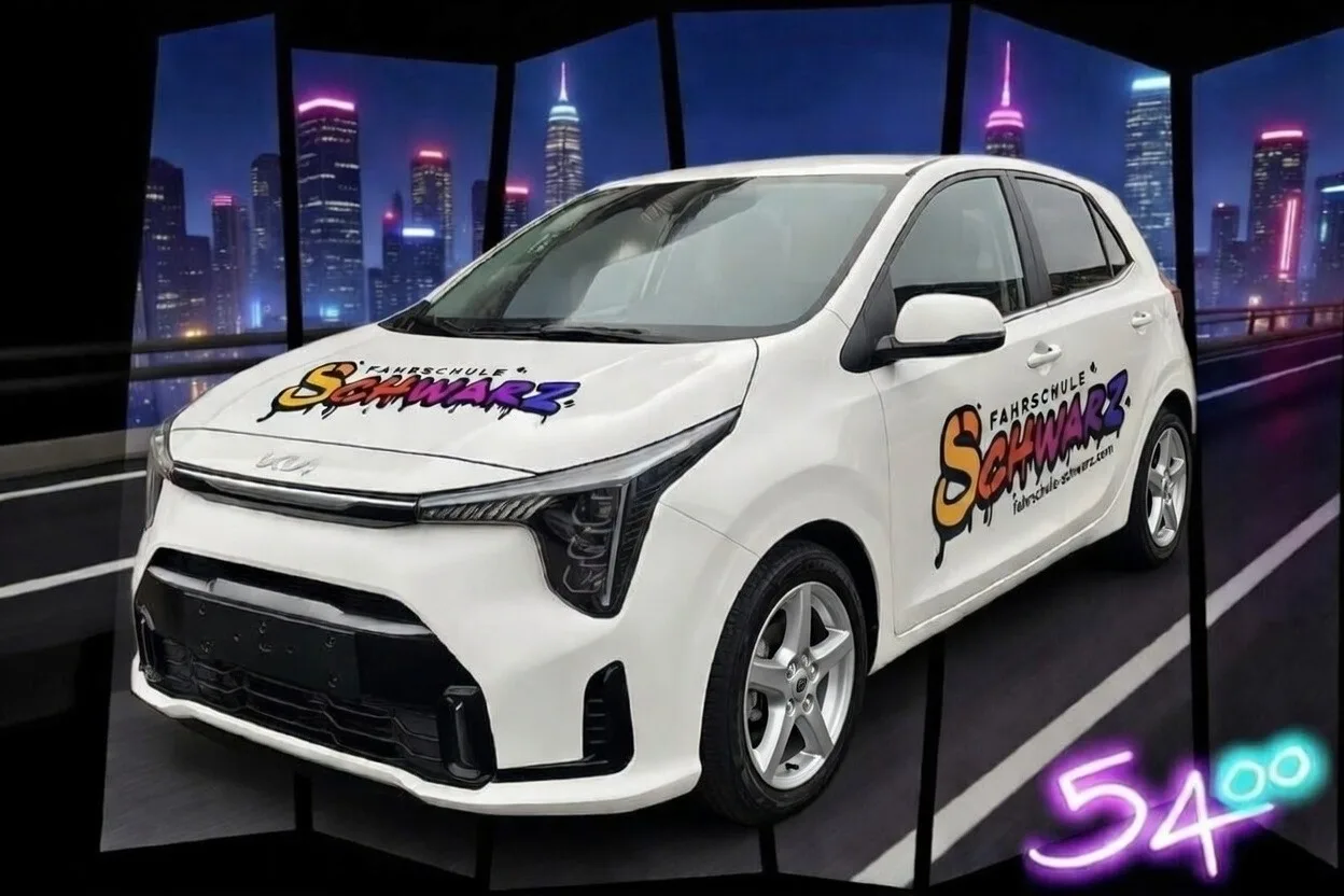 Weißer Kia Picanto mit Fahrschule-Schwarz-Logo vor Nachtstadt