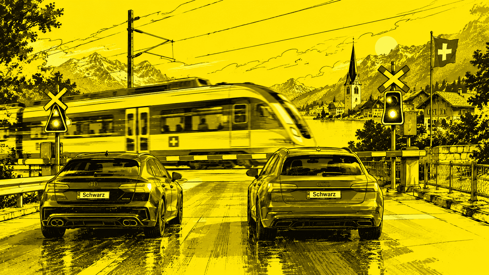 Illustration: zwei Fahrschulautos am Bahnübergang, dahinter ein Zug und ein Schweizer Dorf am See